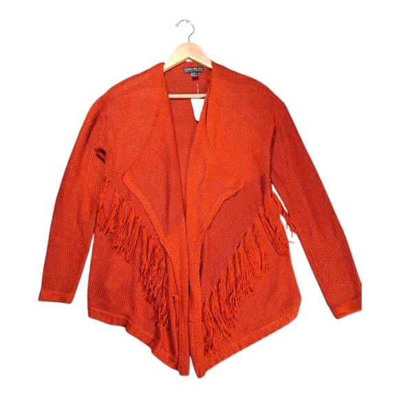 FOREVER 21 Womens Long Sleeve Open Front Rust Fringe Sweater Cardigan Sz 1X NWT - Picture 2 of 12